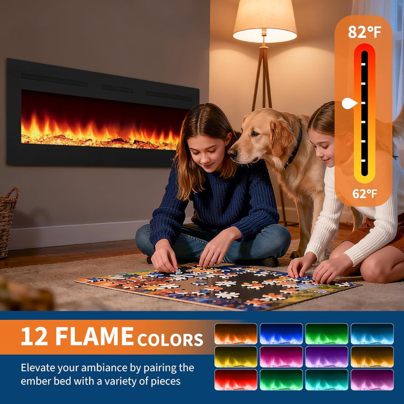 Wall Mount Electric Fireplace, Touch Screen And Remote Control, 12 Flame Colours, 17" H x 50" W x 4.13" D