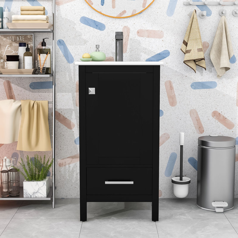 Meuble-lavabo avec lavabo en céramique, tiroir et porte, Noir