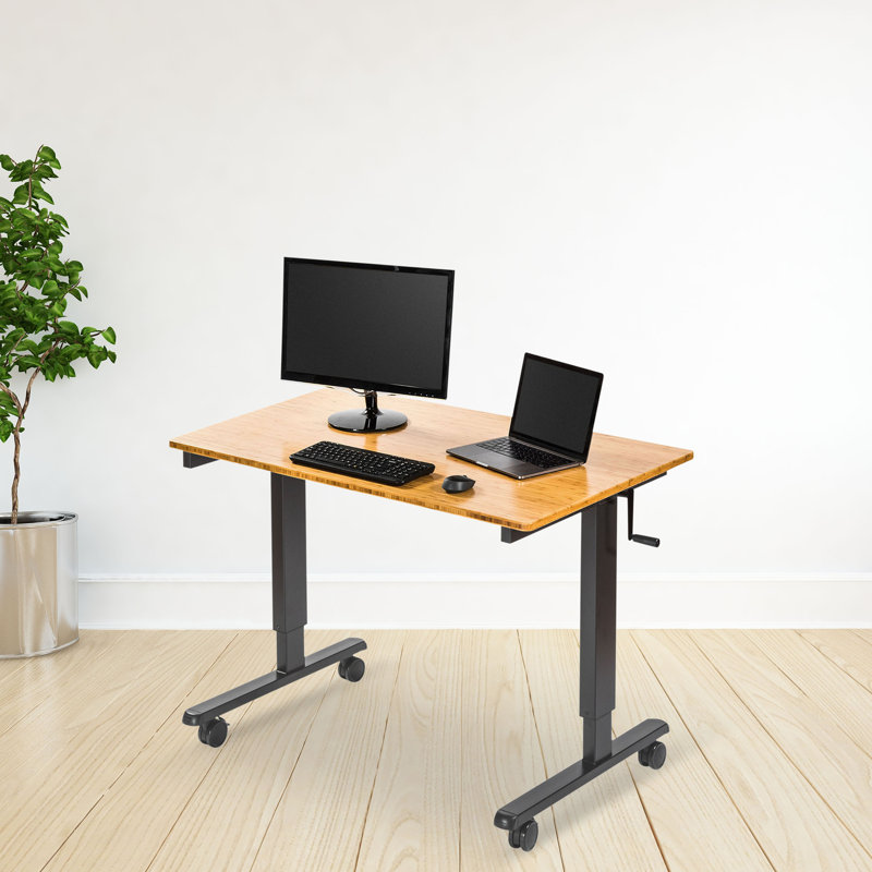 Fontclair Adjustable Metal Base Standing Desk, Natural Walnut/Charcoal, 32.5" H x 47.25" W x 29.5" D