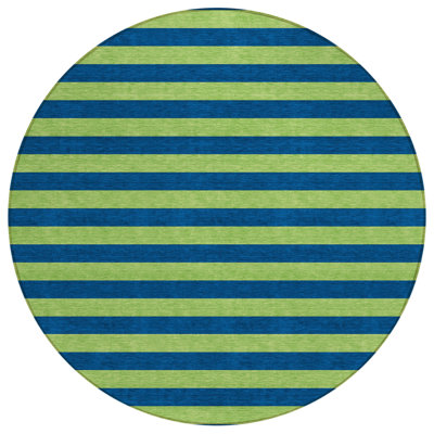 8' Round Navy Blue Round Striped Washable Non Skid Indoor Outdoor Area Rug