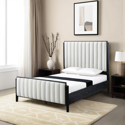 Jack Bed, Channel Tufted Ivory Upholstery, Black Wood