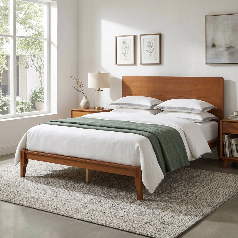 Lit plateforme en bambou de style Mid-Century moderne - aucun sommier requis, support en métal à lattes de bois, assemblage facile