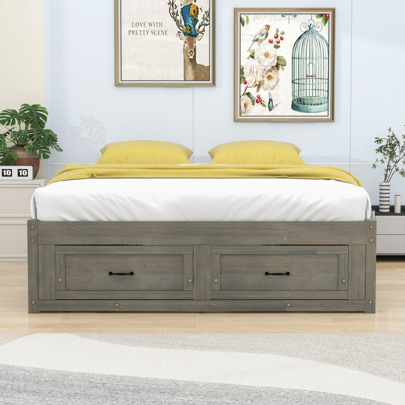 Wooden Platform Bed with 6 Drawers, Antique Gray, Queen