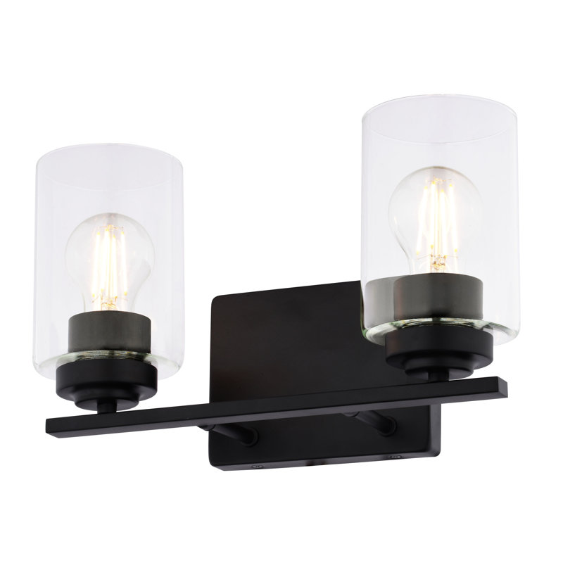 Hitchin Transitional Bathroom Vanity Lighting Fixture, Clear Glass Cylinder Shade, Dimmable, LED Compatible, Reversible Over The Mirror Mounted Steel Wall Sconce