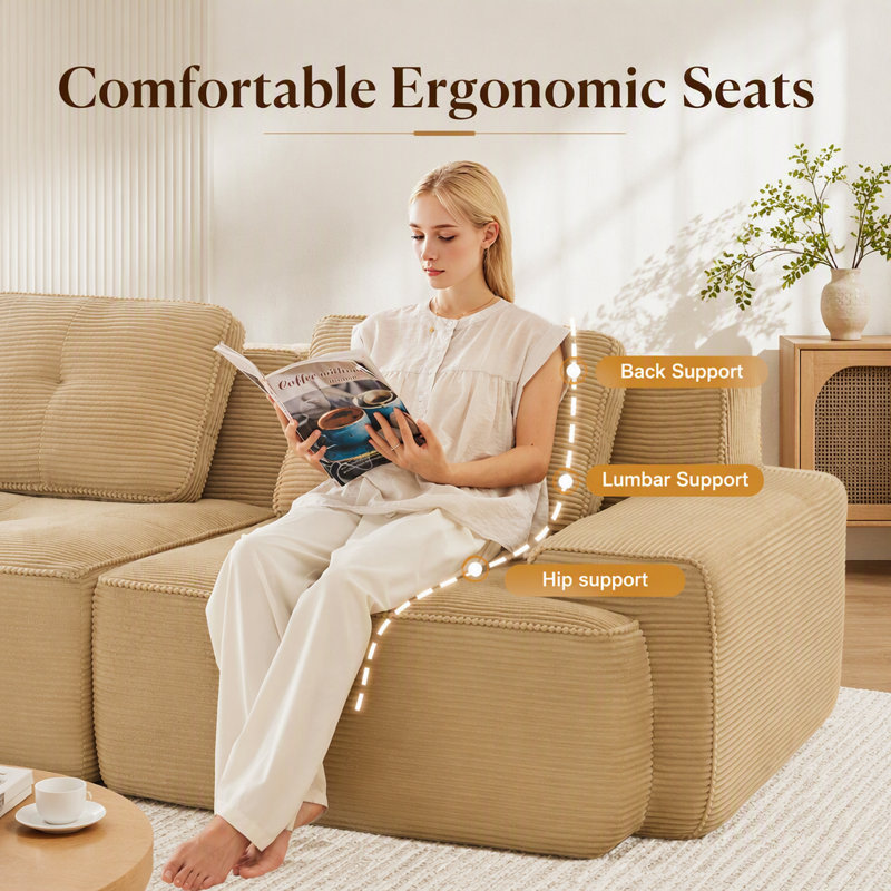 Canapé d'angle modulaire moderne en forme de L de 297 cm (117 pouces) pour salon, tissu velours côtelé, canapé 3 places avec assise profonde et pouf amovible, passepoil nacré, design capitonné, livré monté, antidérapant, couleur camel