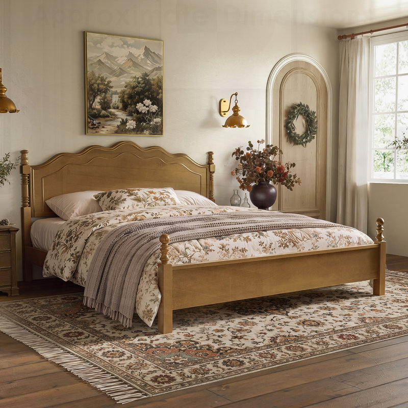 Cadre de lit en bois de style vintage américain classique avec tête de lit incurvée, conception à plateforme pour un soutien robuste, aucun sommier requis, pour les chambres traditionnelles