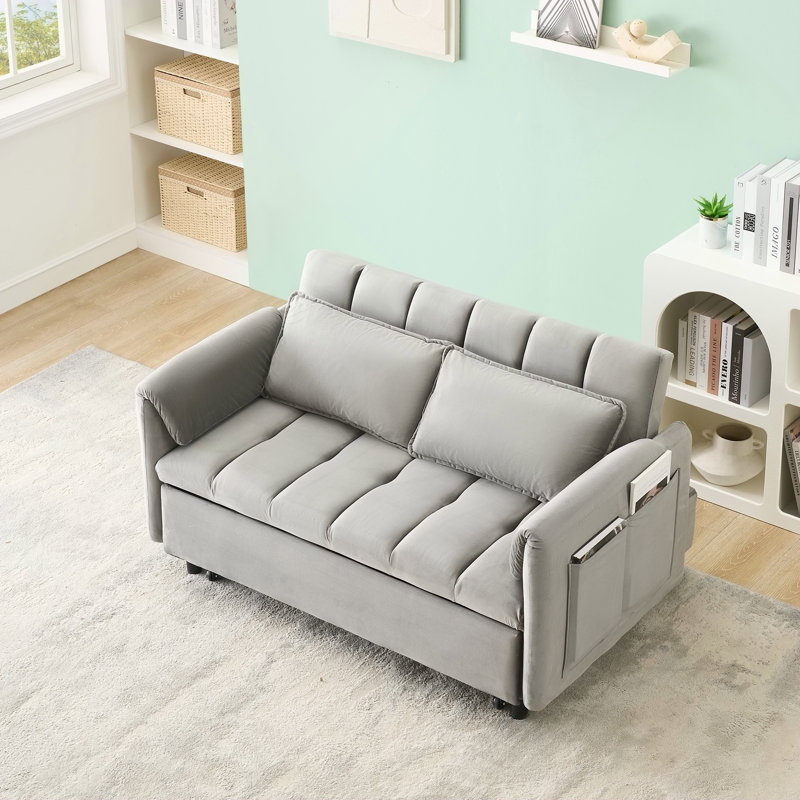 Canapé-lit compact en velours gris moderne, canapé-lit convertible 3-en-1 avec coussins et poches, idéal pour les petits espaces