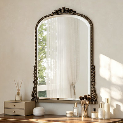 Vintage Arched Wall Mirror With Beaded Frame And Carved Details - Decorative Mirror For Bathroom Vanity, Living Room, Bedroom, And Fireplace Mantel