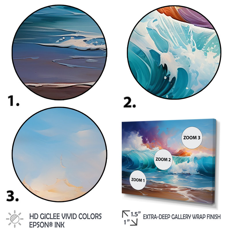 «Shorline Waves Sunset 2» - art mural vagues côtières, Cadre de coin argenté fermé, H 34 po x l 44 po x P 1,5 po