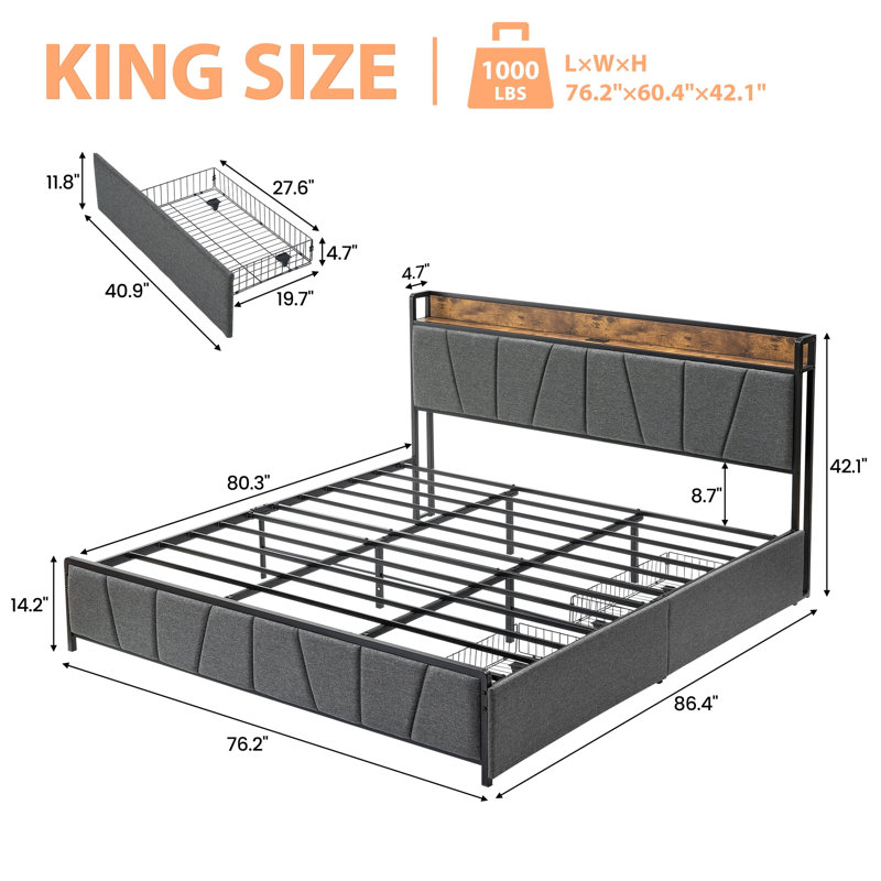 King Size Bed Frame with 2 Storage Drawers and Charging Station, Linen Upholstered Platform Bedframe with Storage Headboard, No Box Spring Needed, Noise Free, Easy Assembly, Grey