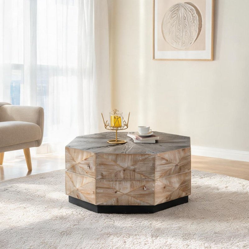 Table basse avec motif octogonal dimensionnel, ton de bois naturel, table centrale rustique de 38 pouces pour le salon