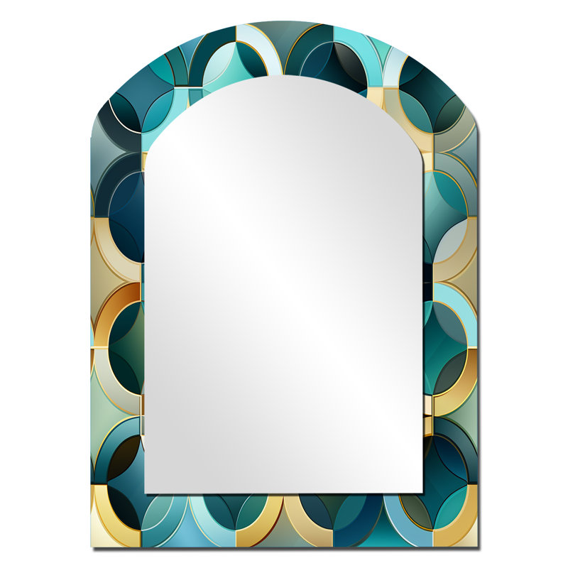 Carreaux géométriques sarcelle et dorés - miroir mural arqué doré, 34 po x 25 po