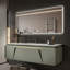 Meuble-lavabo en céramique sans joint, style pierre frittée, couleur sauge fumée, avec 1 tiroir et 2 portes et miroir intelligent.-1671875963