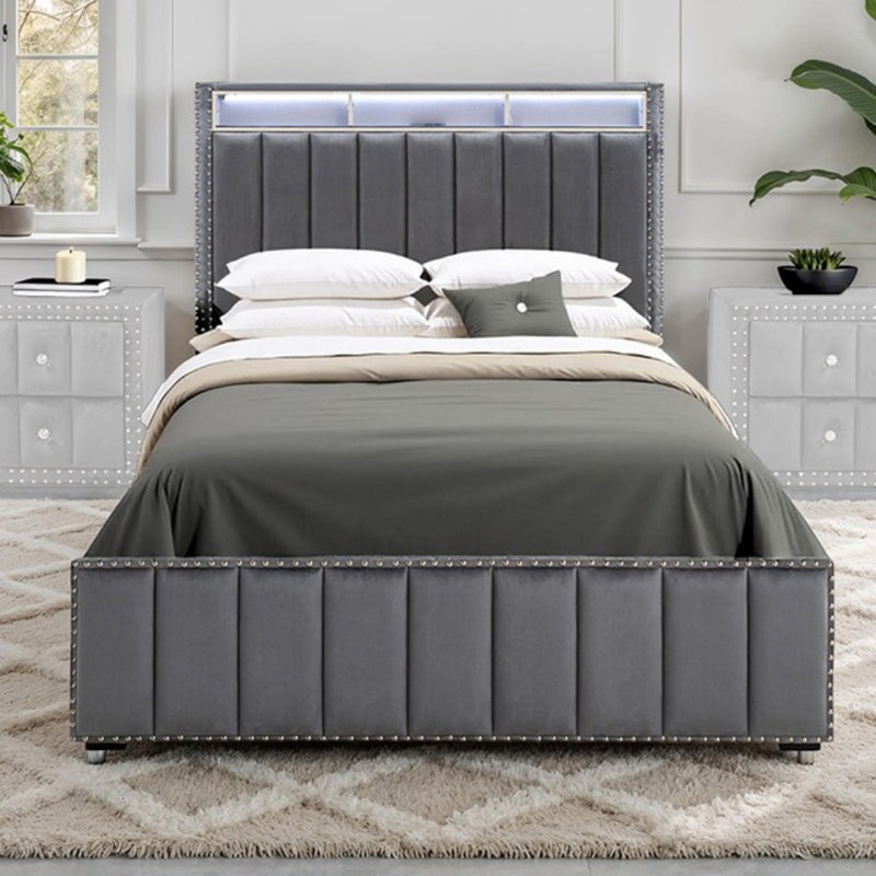 Lit rembourré Mcmillan Led, Lit double, Gris foncé