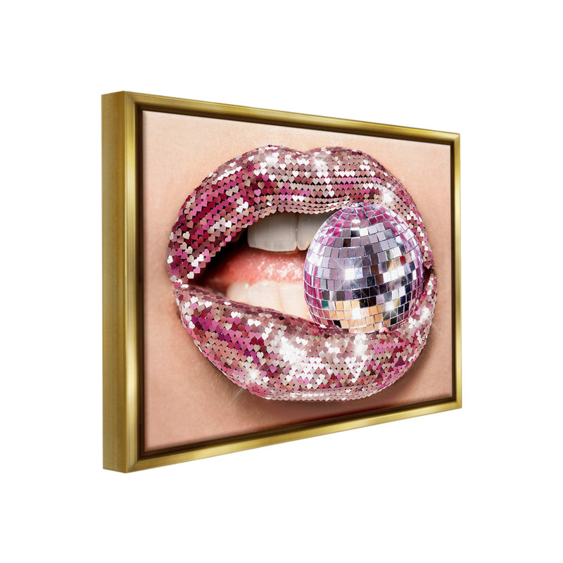 «Sparkle Lips & Disco Ball Floater Frame» par Ziwei Li sur, Cadre flottant métallique doré, H 17 po x l 21 po
