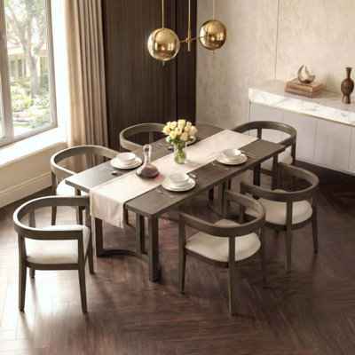 7 Piece Dining Table Set for 6, Rectangular Kitchen Table Set with 6 Upholstered Barrel-Back Chairs, Wood Grain Dining Room Table with Curved Chair Ba