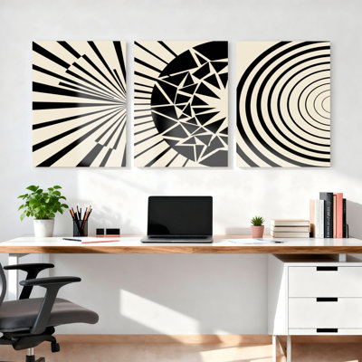 Motif géométrique abstrait noir et blanc sur toile tendue, ensemble de 3 reproductions de peintures à l'huile pour salon, chambre ou bureau