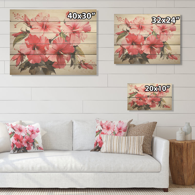 Pink Hibiscus Minimalism Dream I - Hibiscus Wood Wall Art On Natural Pine Wood, 10" H x 20" W