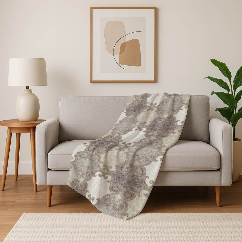 Addison Machine Washable Sherpa ASB883 Scrolls Throw Blanket, Taupe
