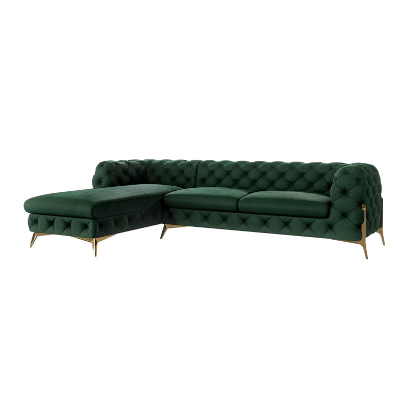 Chesterfield Corner Chaise Sofa  with Gold Metal Legs, Left Hand Facing, Bottle Green
