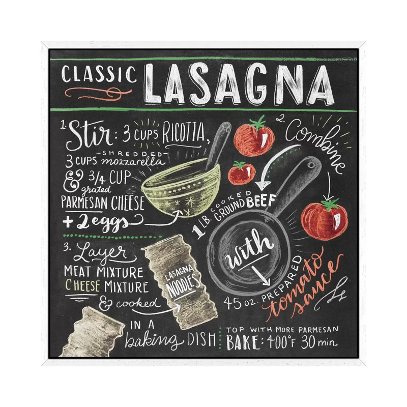 Lasagna Recipe - Print on Canvas, 45.72cm H x 45.72cm W x 3.81cm D, White Floater Framed