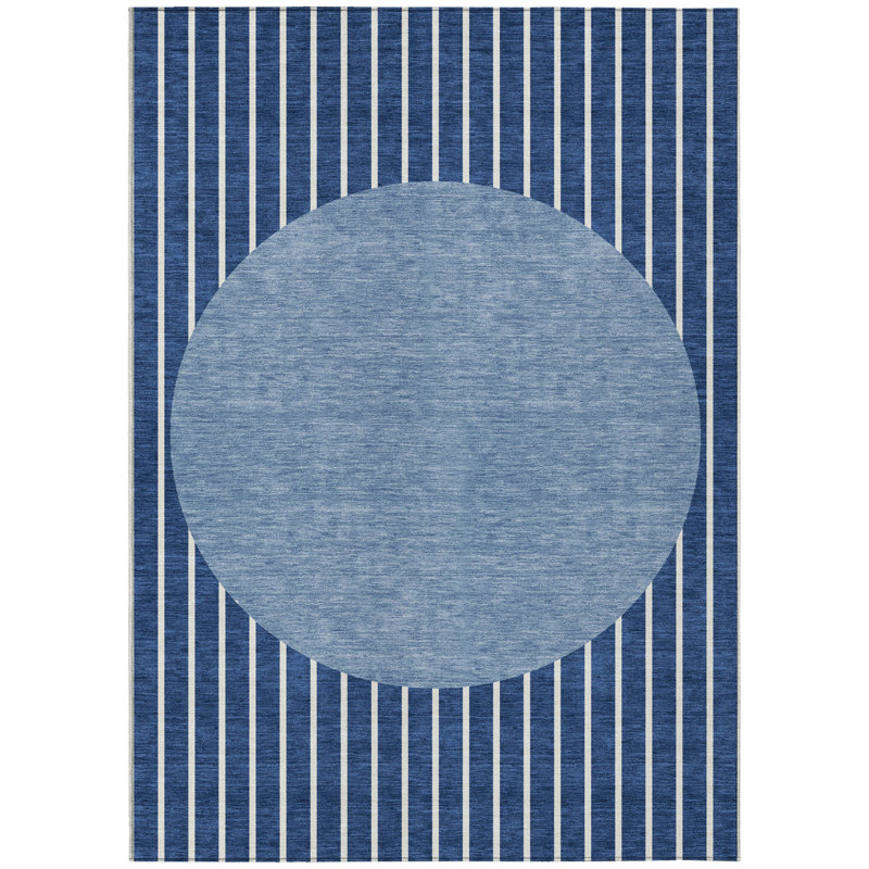 3' X 5' Navy Blue And Gray Striped Washable Indoor Outdoor Area Rug