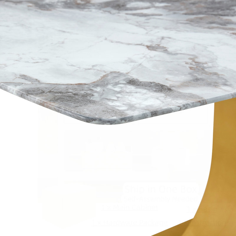 Table de salle à manger luxueuse à plateau en verre avec texture en marbre et pieds en forme de C élégants, y compris des fauteuils confortables en polyuréthane