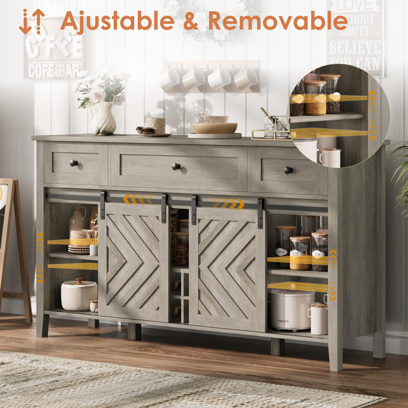 Buffet 59 po en blanc - Armoire en bois avec portes coulissantes, porte-bouteilles et tiroirs pour la salle à manger, la cuisine ou le salon