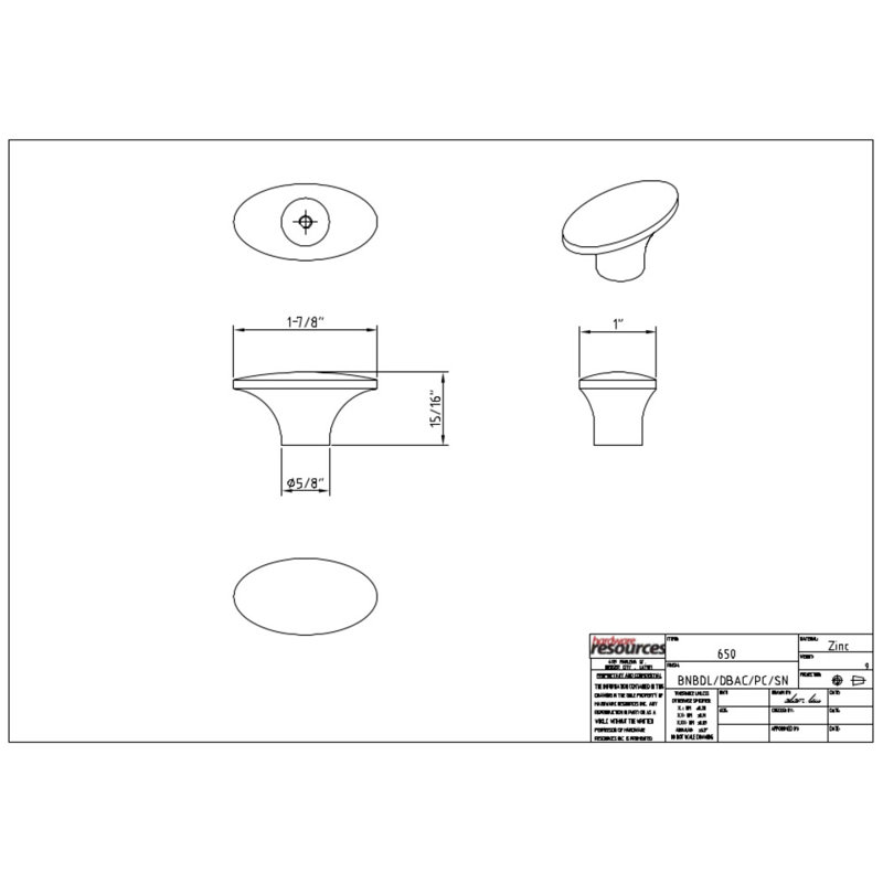 Hudson 1.875" Length Oval Knob, Brushed Pewter
