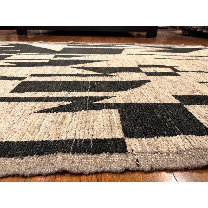 Tapis marocain en laine noué à la main 6 x 9 po, tapis ivoire moderne abstrait noir, tapis géométrique minimaliste
