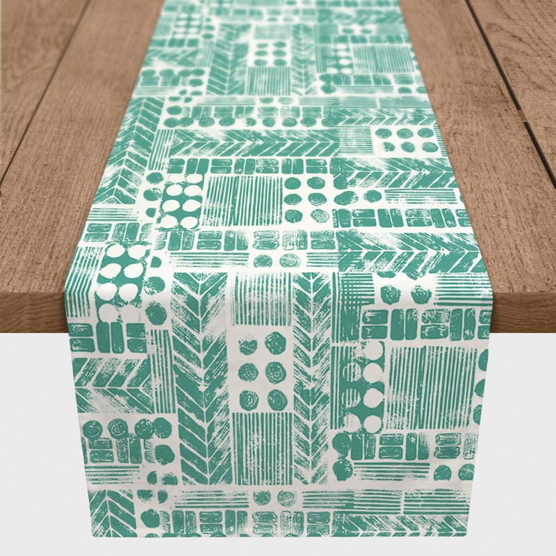 Catharien Rectangle Geometric Polyester Table Runner, 16" D x 72" L, Teal