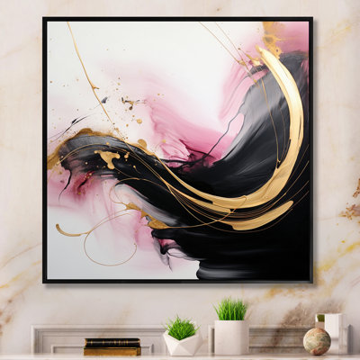 Abstract Gold Wave Pink And Black I - Abstract Painting Canvas Art
