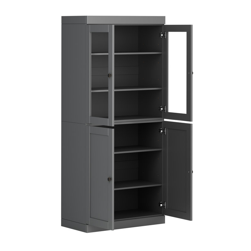 Bibliothèque 100% bois massif à 6 tablettes avec verre transparent, portes Shaker et tablettes réglables, Gris