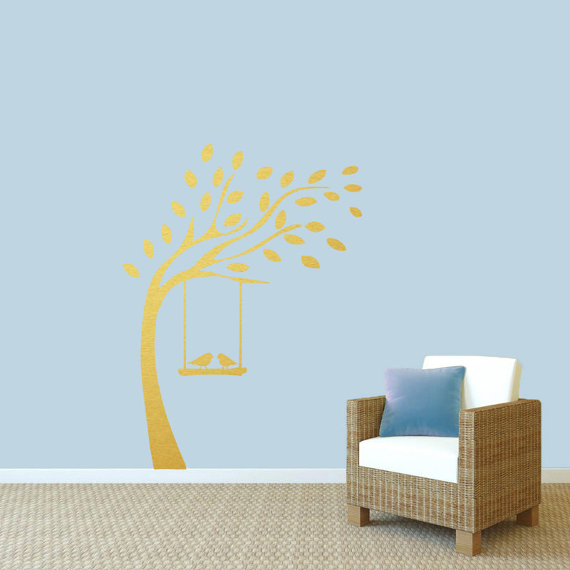 Décalcomanie murale arbre avec oiseaux sur balançoire, Or
