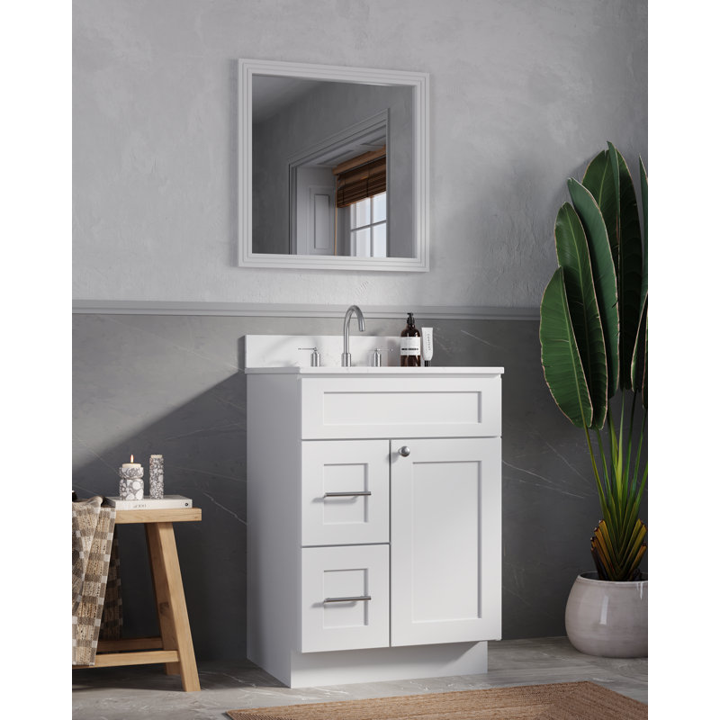 Meuble-lavabo simple 24 po en bois massif avec comptoir en quartz de Carrare, Blanc
