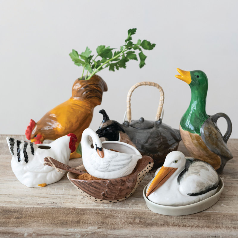 Vase en forme de poule en grès peint à la main