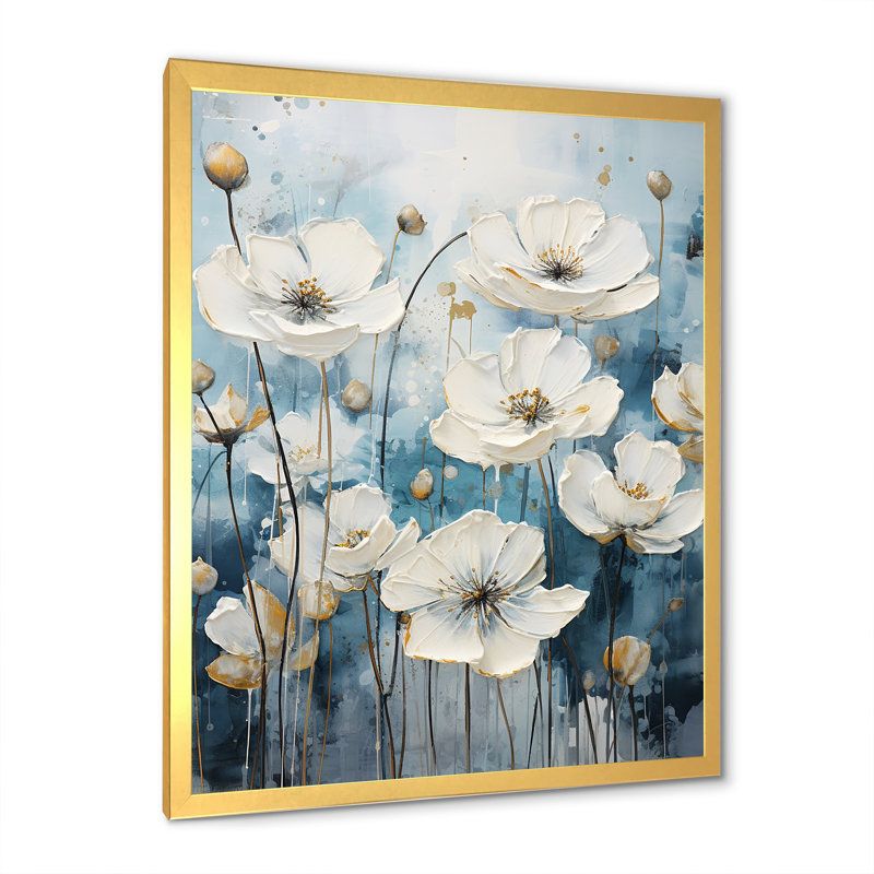 Minimalisme bleu blanc Buttercups II sur toile, Cadre doré simple, H 20 po x l 12 po x P 1 po