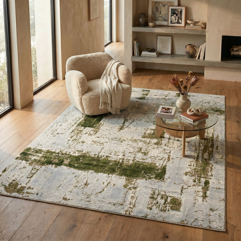 Tapis à motif abstrait vert / beige 9 pi x 13 pi (9 pi 2 po x 12 pi 6 po) Silvan Branch, Rectangle 9 pi 2 po x 12 pi 6 po