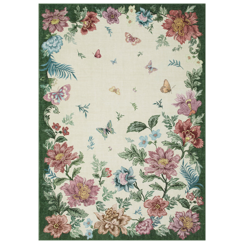 9x12 Floral Washable Area Rug Low Pile Carpet With Non Slip Base and Stain Resistant Finish for Living Bedroom and Dining Spaces, Beige