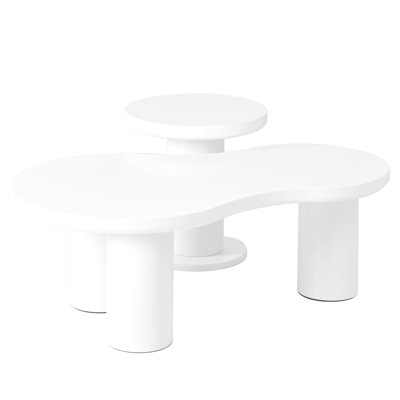 Nesting Coffee Table Of 2, Cream Style Cloud And Side Table, White, Stable & Practical For Living Room With Construction, Easy Assembly Steps