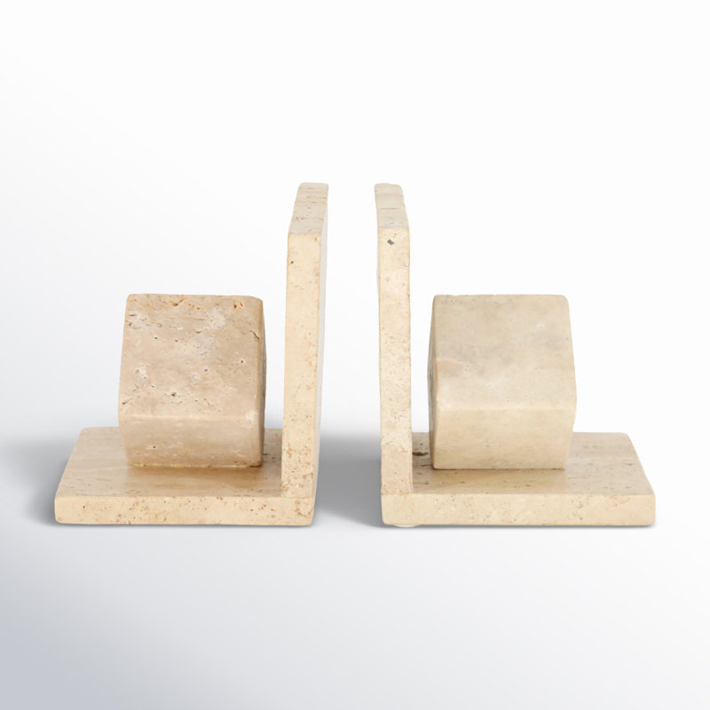 Set Of 2 6" Travertine Cube On Base Bookends, Tan