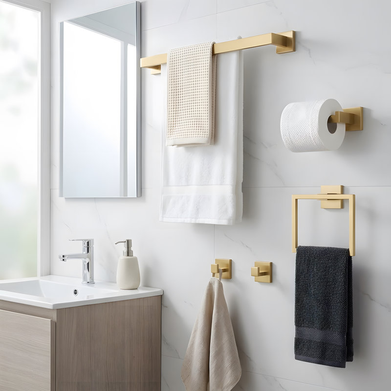 Ensemble d'accessoires de salle de bain 5 pièces, accessoires de salle de bain, fixation murale, acier inoxydable, Or brossé