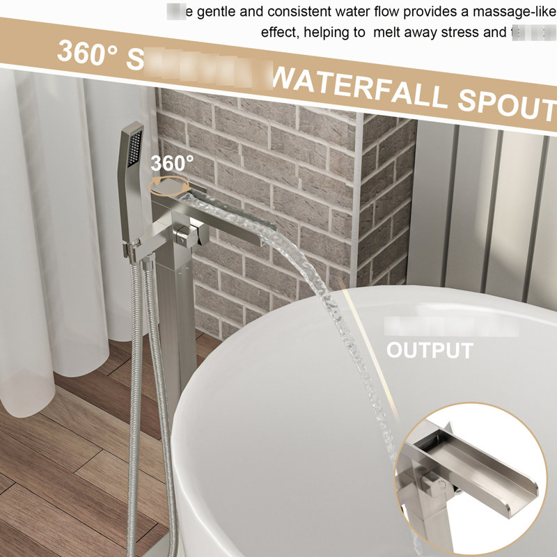 Robinet de baignoire à cascade avec douche à main, bec rotatif à 360 °, fabrication en laiton robuste, robinet en nickel brossé, pivot autoportant, laiton, finition