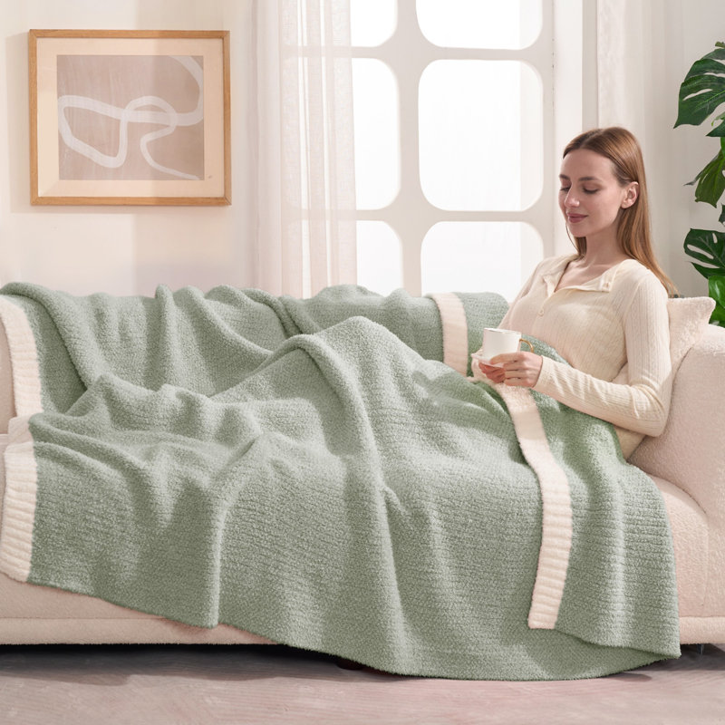  Heather Knit Throw Reversible Throw Blanket Soft Feather Yarn Blanket For Sofa, Bed, Gift, 60" L x 50" W, Sage Green