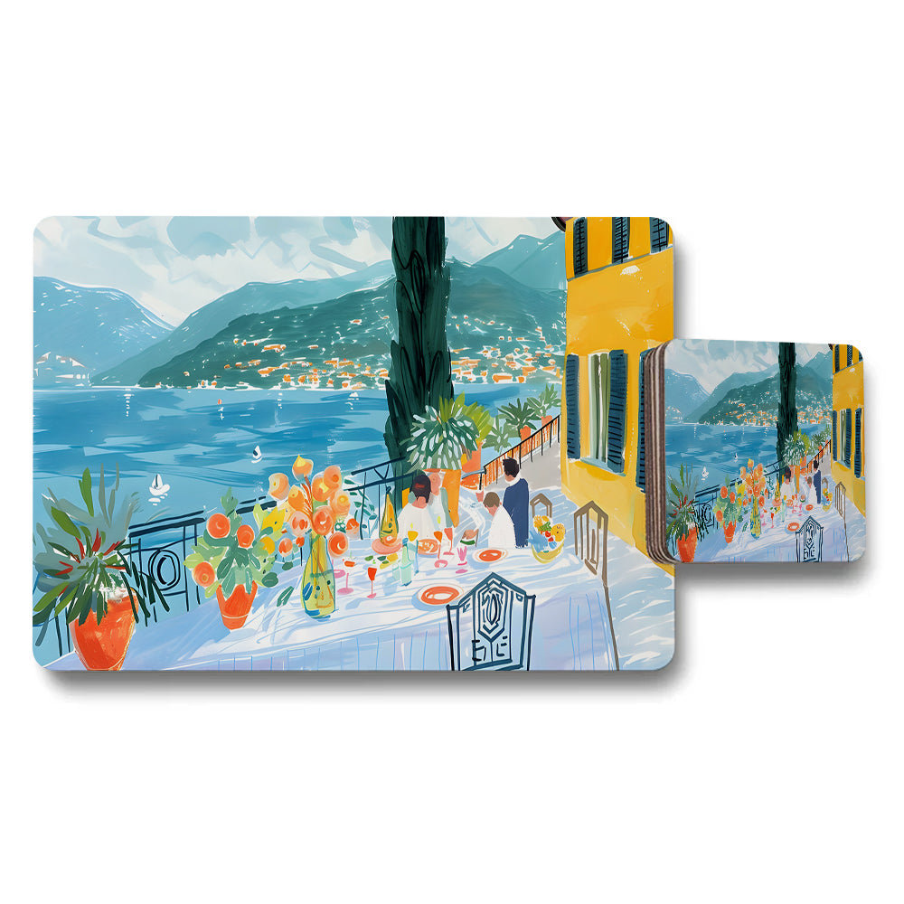 Seaside Terrace Placemat and Coaster Set with Floral Dining Scene