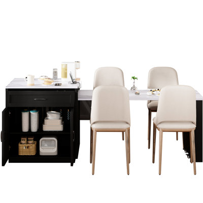 Îlot de cuisine avec table extensible pour 4 à 6 personnes, armoire à grain de bois noir, 2 tiroirs, tablettes latérales ouvertes, salle à manger extensible moderne Port, rangement spacieux, prises de courant, comptoir en faux marbre