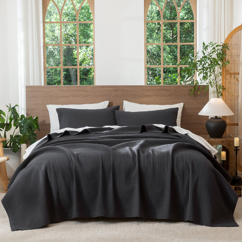 MooMee Lightweight Quilt Set 100% Washed Cotton Linen-Like Stripe Stitch Breathable All-season , Charocal Gray