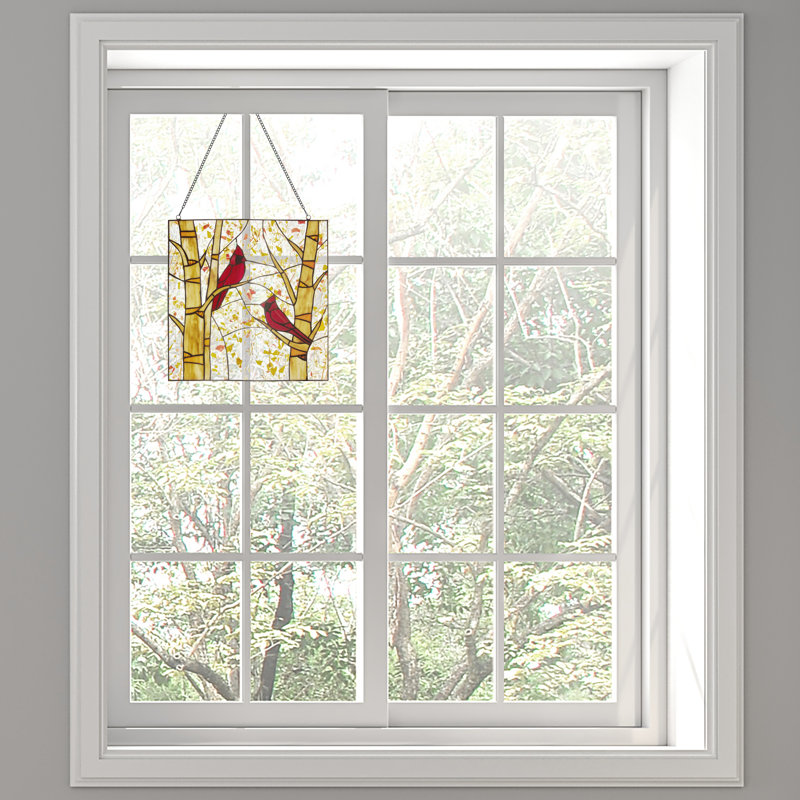 Panneau de vitrail en verre coloré 14 "H Cardinals in a Birch