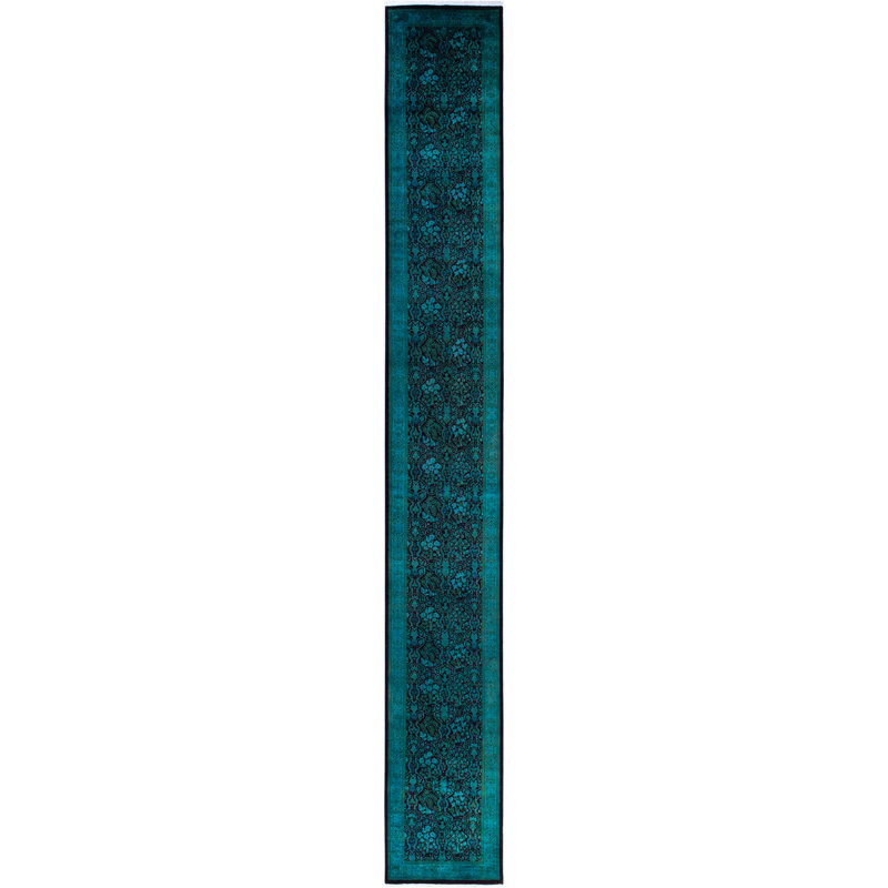 Overdyed Hand-Knotted Wool Modern-Contemporary Green Runner 2' 7" x 20' 2"