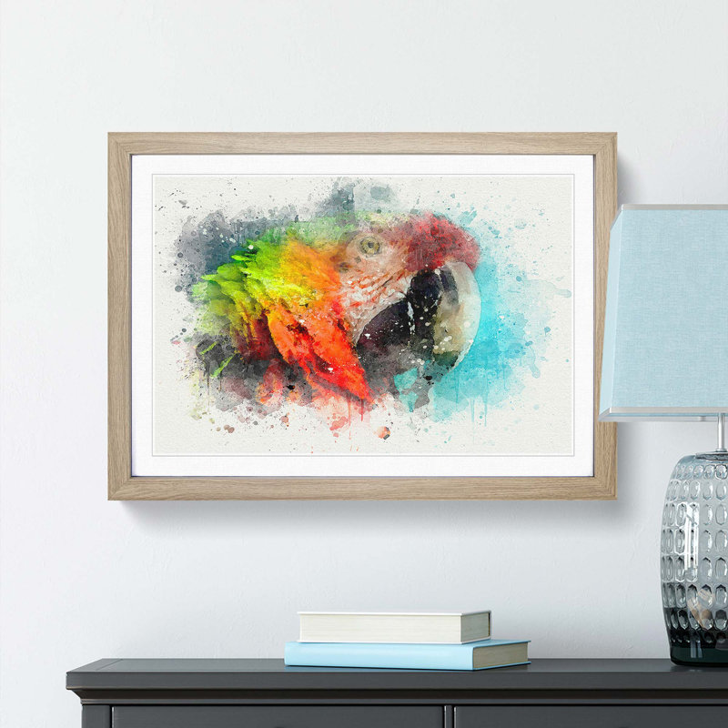 Rainbow Macaw Parrot in Abstract - Picture Frame Graphic Art Print, 40cm H x 60cm W x 2cm D, Oak